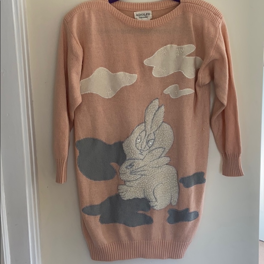 VINTAGE 80s Adolfo Pink Bunny Tunic Sweater